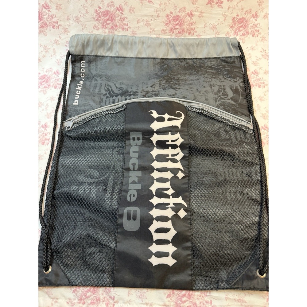 Affliction Buckle B Drawstring Backpack Black Gray Gothic Cross 14x18.5